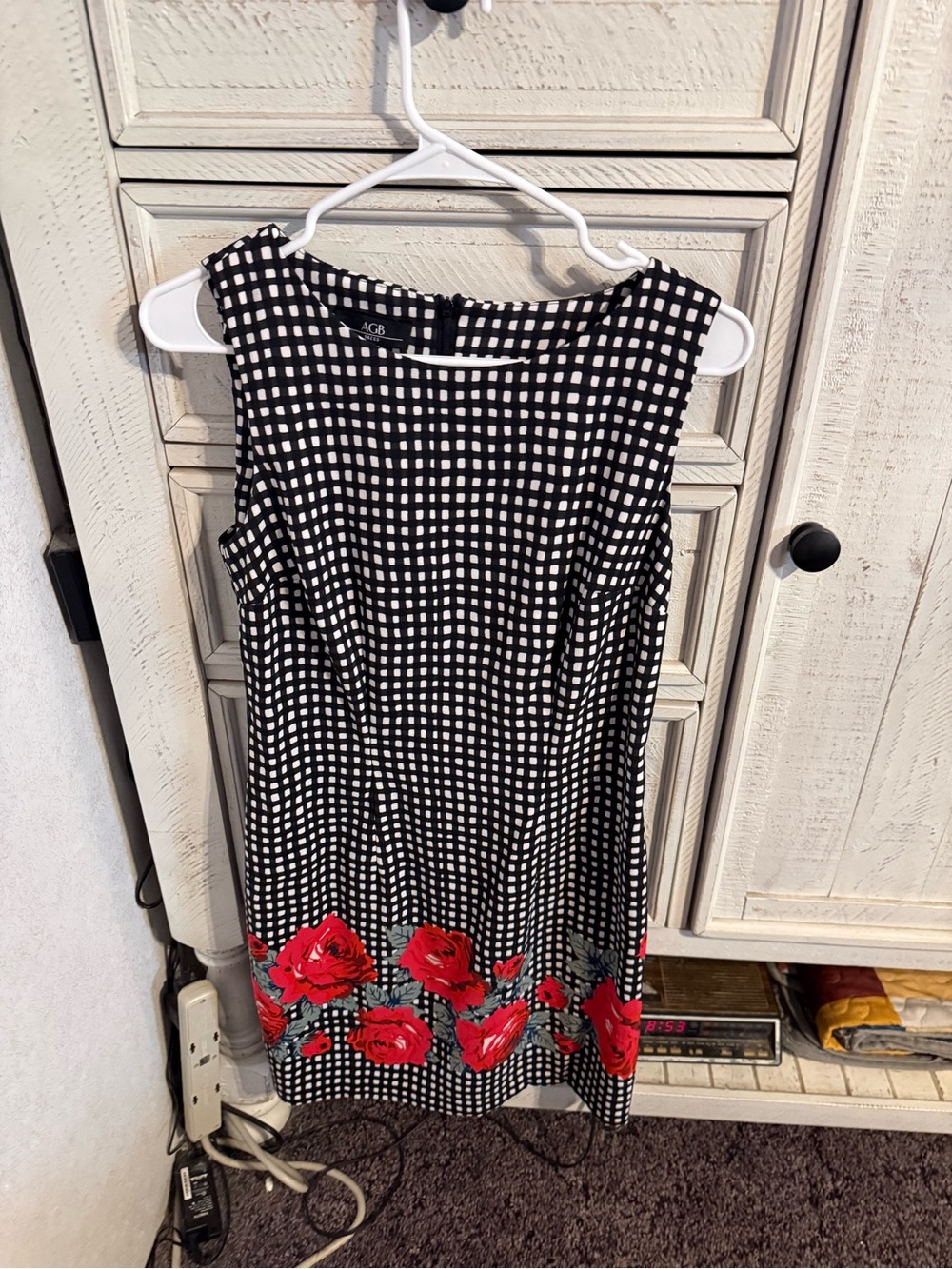AGB Black & White Gingham Midi Dress with Red Rose Border